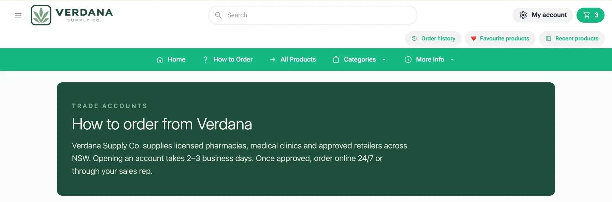 A distributor’s storefront on BeetSales as a pharmacy sees it: the header, the navigation and the trade account banner